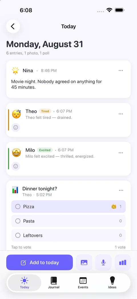 One day, with entries from several people, a check-in and a poll